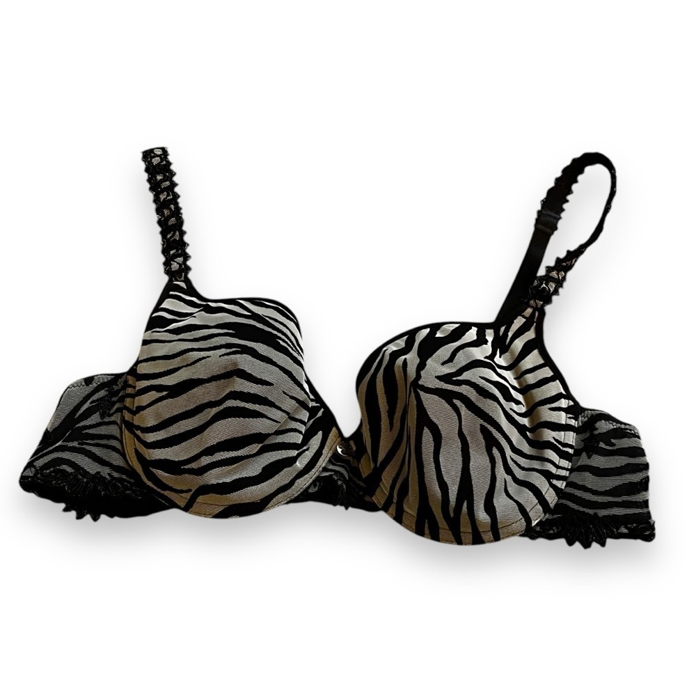 Chantelle Underwire Bra Zebra Print Mesh Black White Made in France Size 36B